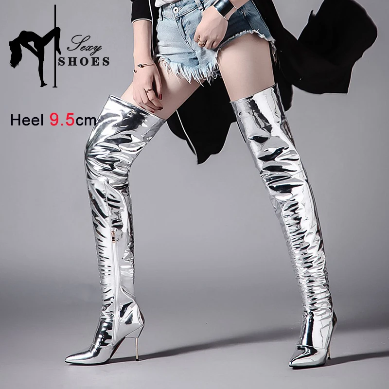 

Silver Thigh High Boots Ladies Fetish High Heels Nightclub Over Knee Dancing Shoes Big Size 43 Winter Pointy Toe Boots For Women