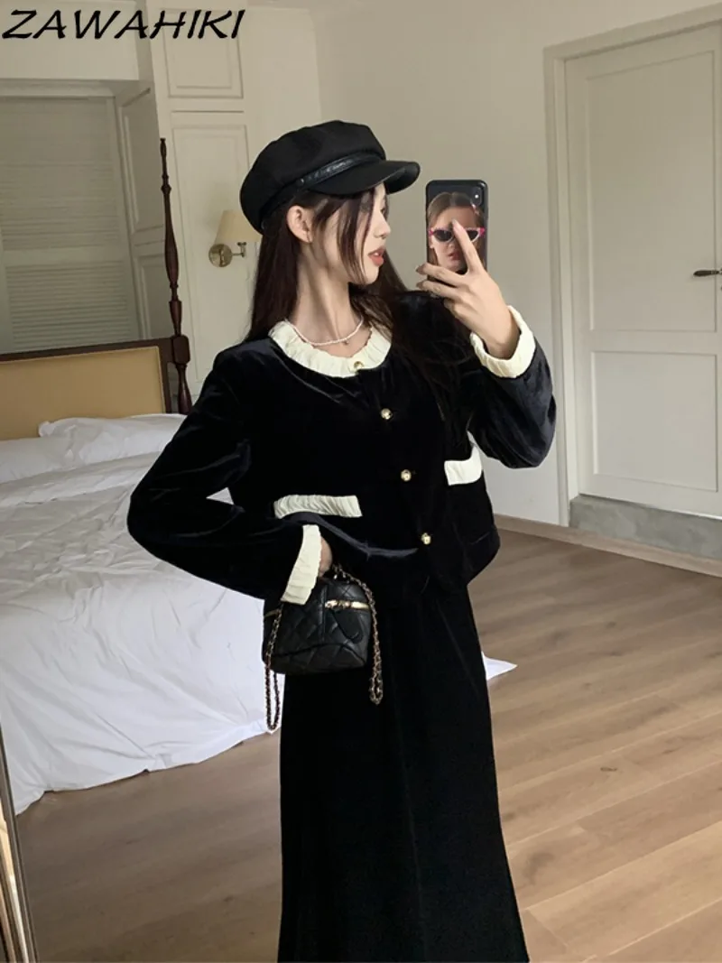 

ZAWAHIKI Autumn Winter Patchwork Contrast Color O-neck Button-up Long Sleeve Women Jackets + Fashion Vintage Loose Long Skirts