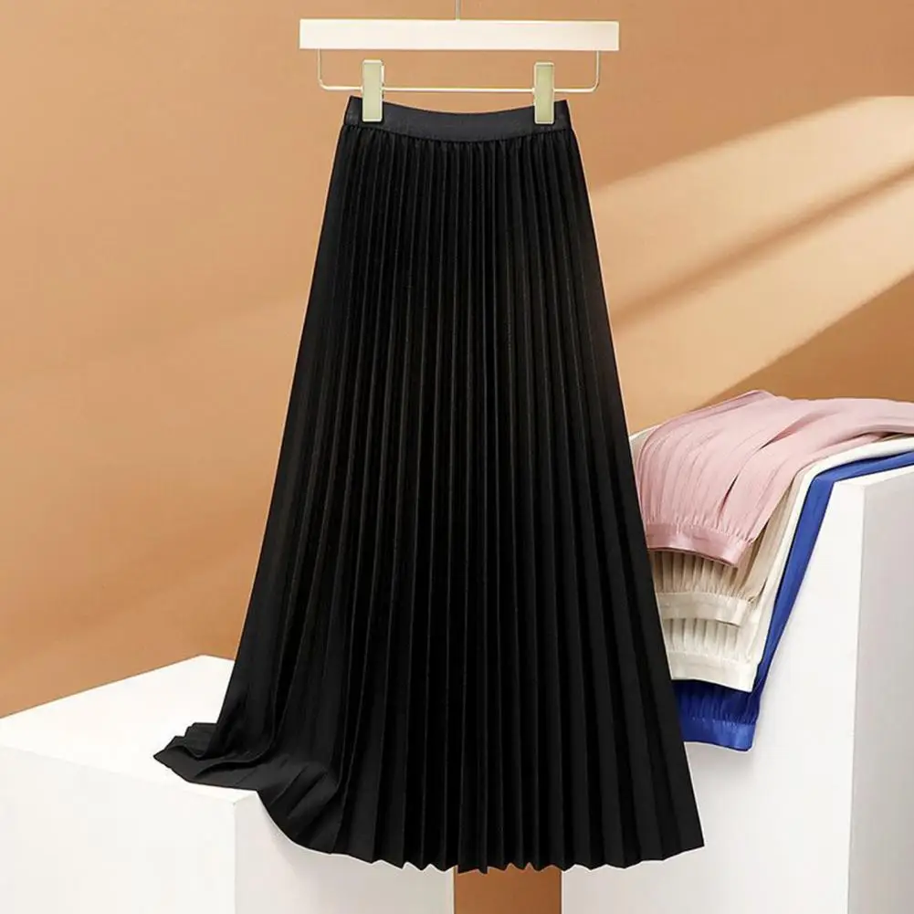 Women Pleated Skirt Solid Color Smooth Satin A-Line Skirt Elegant Elastic High Waist Pleated Skirt Work Leisure Wear 2