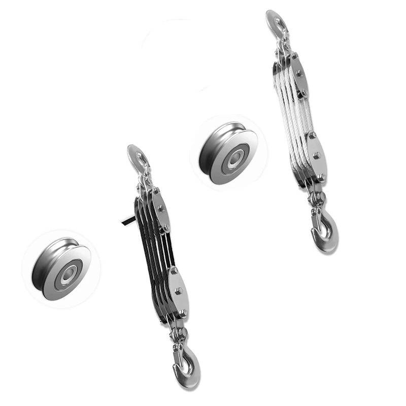 WFF Block And Tackle Pulley System, 4-Wheel Rope Pulley Hoist, 2200LB Work Load With 65Ft Of 1/4 Inch Rope, Compact Rope