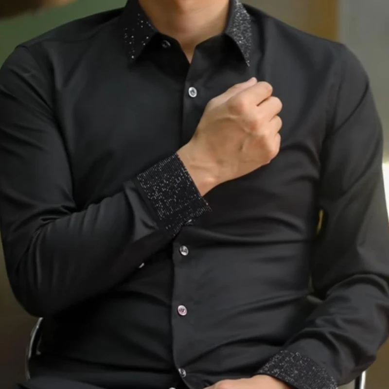 

2024 Весенняя популярная мужская рубашка со стразами, европейская приталенная рубашка с длинными рукавами для мужчин, одежда для социальных клубов, трендовая рубашка, Camisas De Hombre