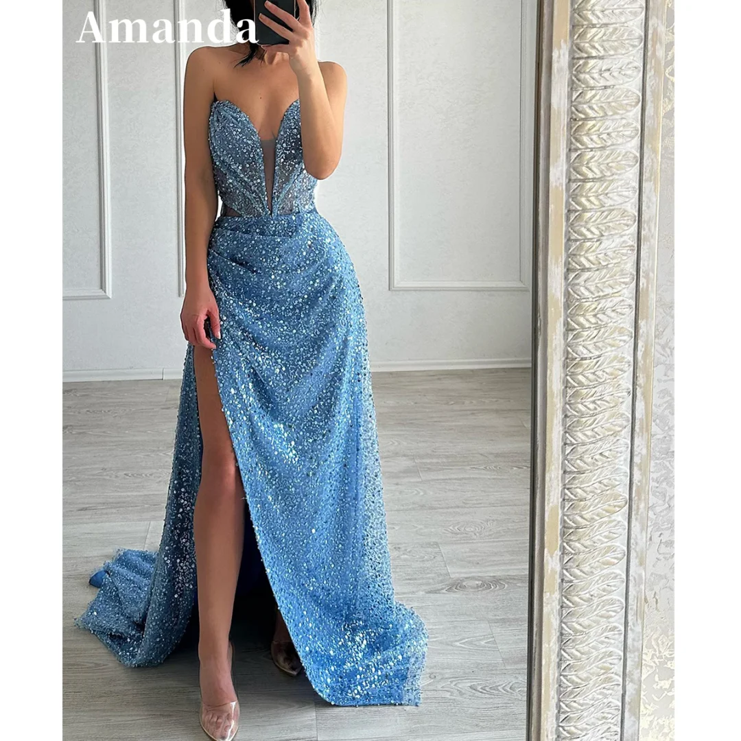 Amanda Light Blue vestidos de noche Heart Neck Mermaid Glitter Prom Dresses Elegant Floor-Length Side Split Formal Evening 2024