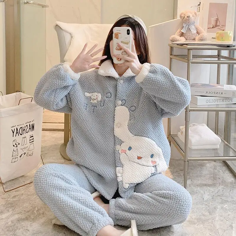 

Sanrioed Cinnamoroll My Melody Мультяшные пижамы Ins девушка сердце кавайная фланелевая теплая и носимый домашний комплект одежды праздничные подарки