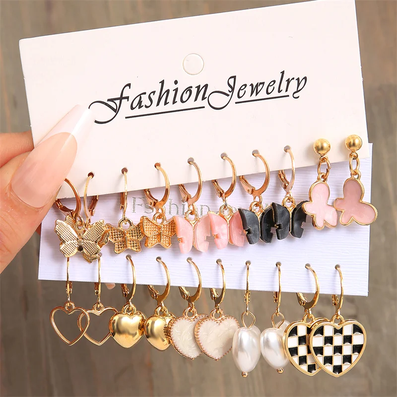 Colorful Butterfly Earring Set For Women Green Resin Checkerboard Heart Circle Dropping Oil Earring Set Metal Party Jewelry