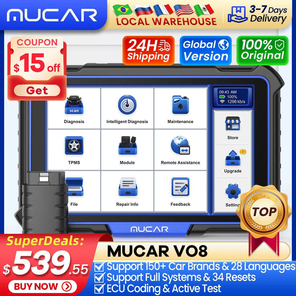 MUCAR VO8 최고의 전문 자동차 진단 도구, Obd2 자동차 스캐너, 자동차 진단 ECU 코딩, 활성 테스트 34 재설정, 무료 업데이트