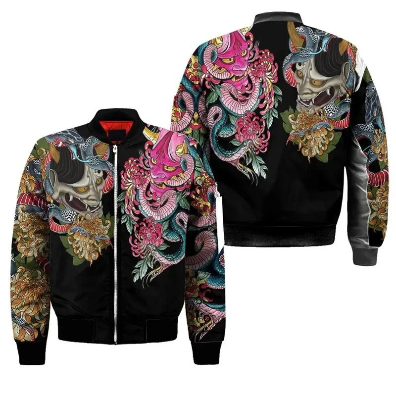 thumbnail image 1 of Chaqueta bomber de primavera y otoño para hombre, con estampado 3D de máscara de samurái Oni y tatuaje, con cremallera, informal, para la calle, 1 of 5