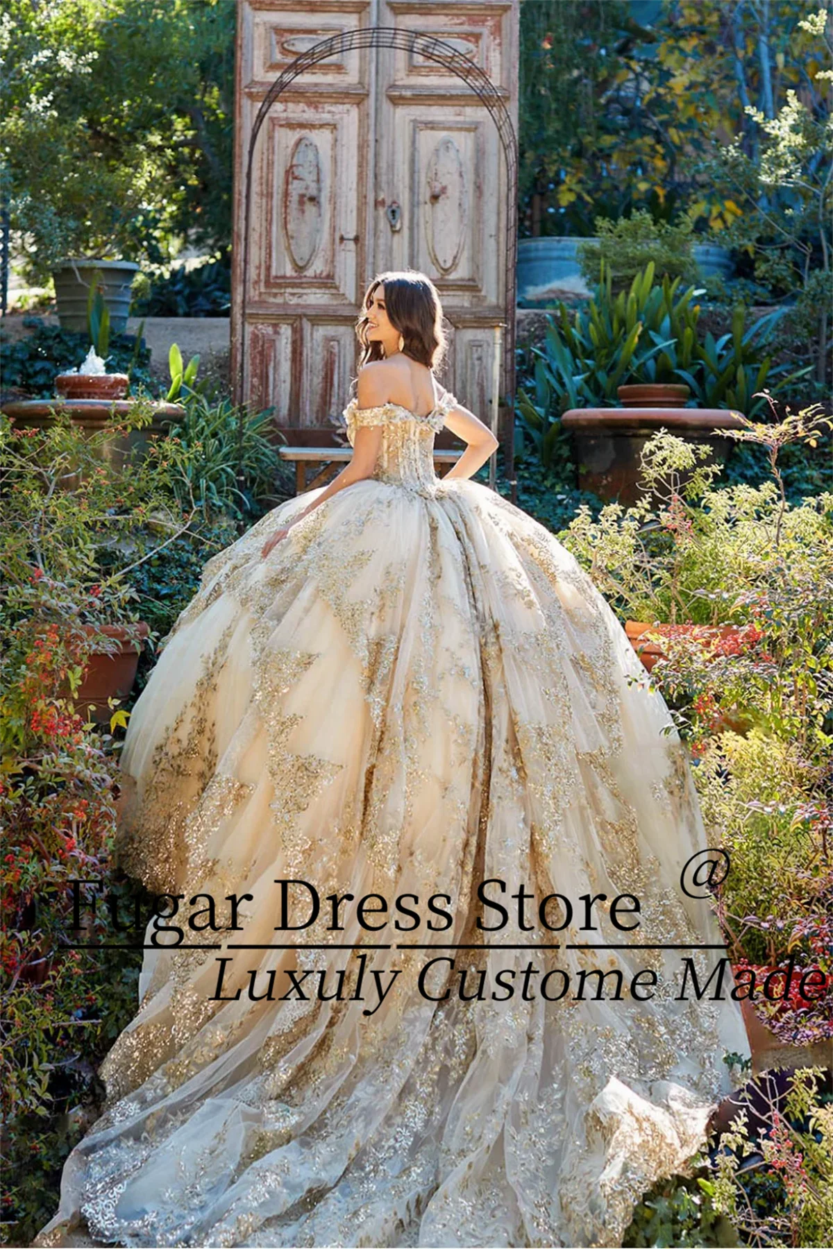 Quinceanera Dresses Birthday Party Prom Princess Ball Gown Lace Appliques Glitter Corset Vestidos De 15 Anos Gold Embroidered