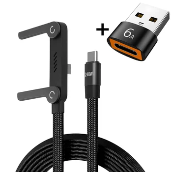 Cavo di ricarica rapida 2-in-1 da 240W PD con supporto pieghevole per telefono, compatibile con iPhone, Samsung, Xiaomi, tablet e laptop + USB OTG