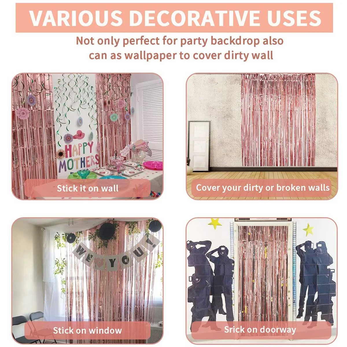 Tinsel Curtain 2Pcs 2m Rose Gold Metallic Foil Tinsel Curtain Girl Birthday Wedding Bridal Shower Party Decoration Tassel Background