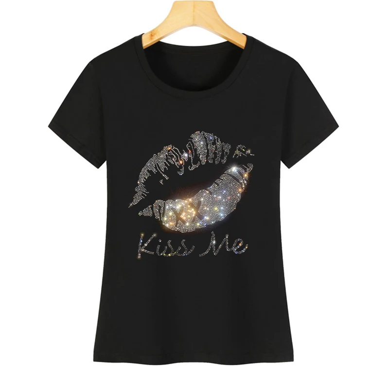 

Best selling t shirts for women summer short sleeve female fashion sexy lips kiss me crystal o collar soft cotton ladies t shirt