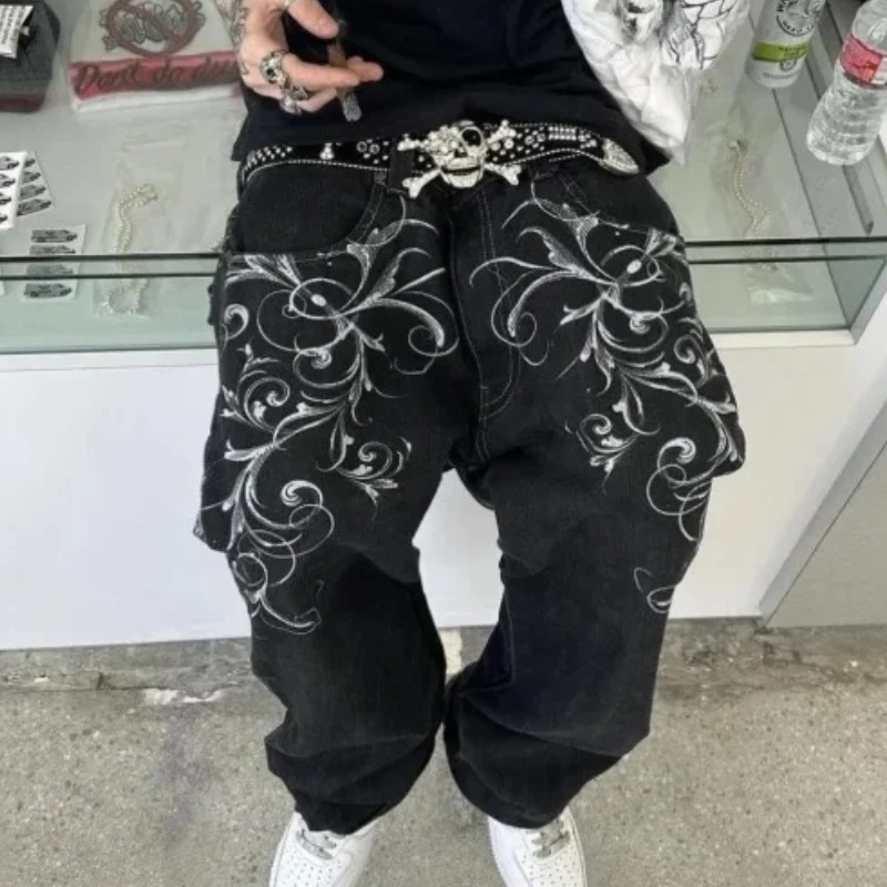Y2K men's retro embroidered jeans, fashionable street style, unique pattern, casual loose trousers to create a trendy outfit 2