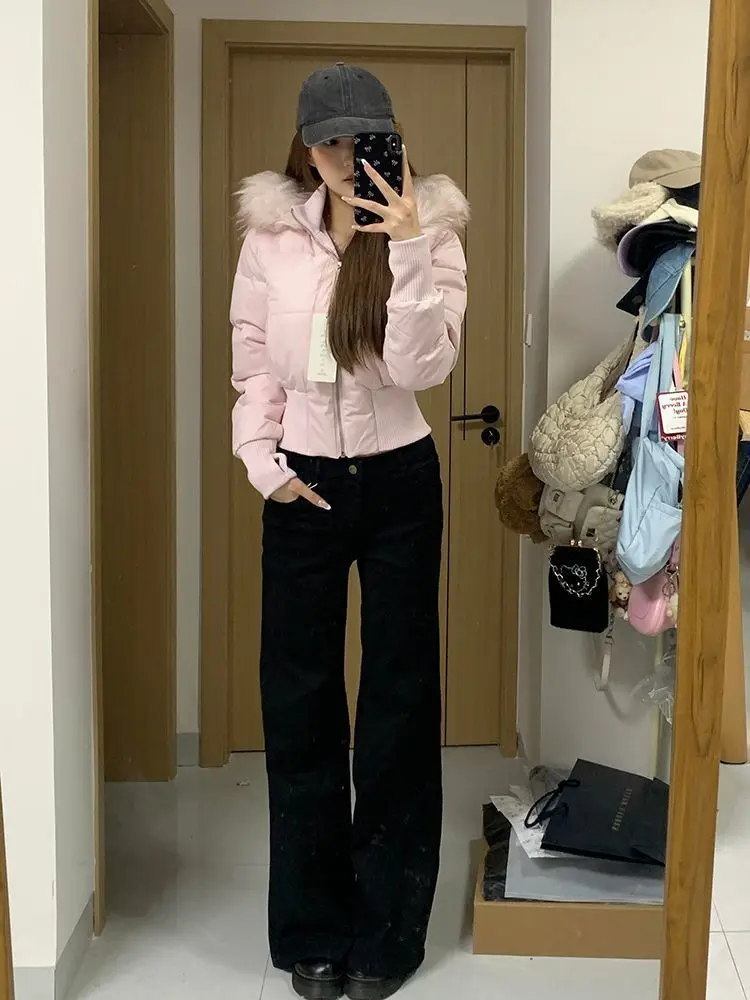 Autumn & Winter High-Waisted Cropped Jacket Sweet Warm Cotton Padded Coat Women Fur Collar Hooded Jacket Y2k Parkas Streetwear