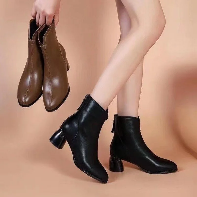 Retro Chunky High Heel Women & Girls Chelsea Boots Winter And Autumn Female Leather Shoes Pointed Toe Size 35-40