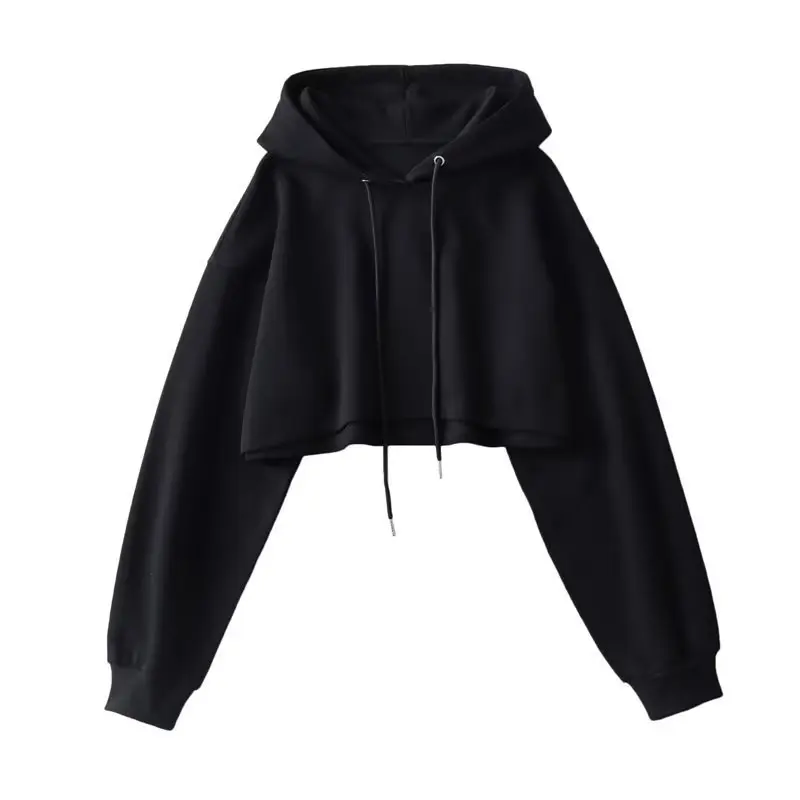 Sexy Short Hooded Sweatshirts Women Fashion Solid Color Long Sleeve Crop Tops Korean Streetwear Pullover Hoodies Female 3