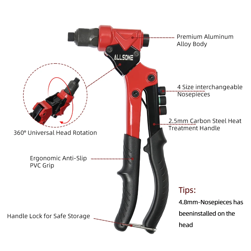 ALLSOME 360&deg; Swivel Head Rivet Nut Guns 3 in 1 Hand Riveter of Sleeve Nuts Threaded Tool for Auto M3/4/5/6 Multi Reaming