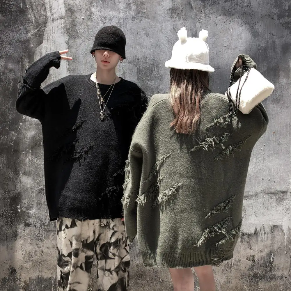 

Korean Fashion Men's Ripped Knitted Sweater Pullovers Hip Hop Baggy BF Harajuku Knit Top Blouses Sweaters Women Autumn Winter