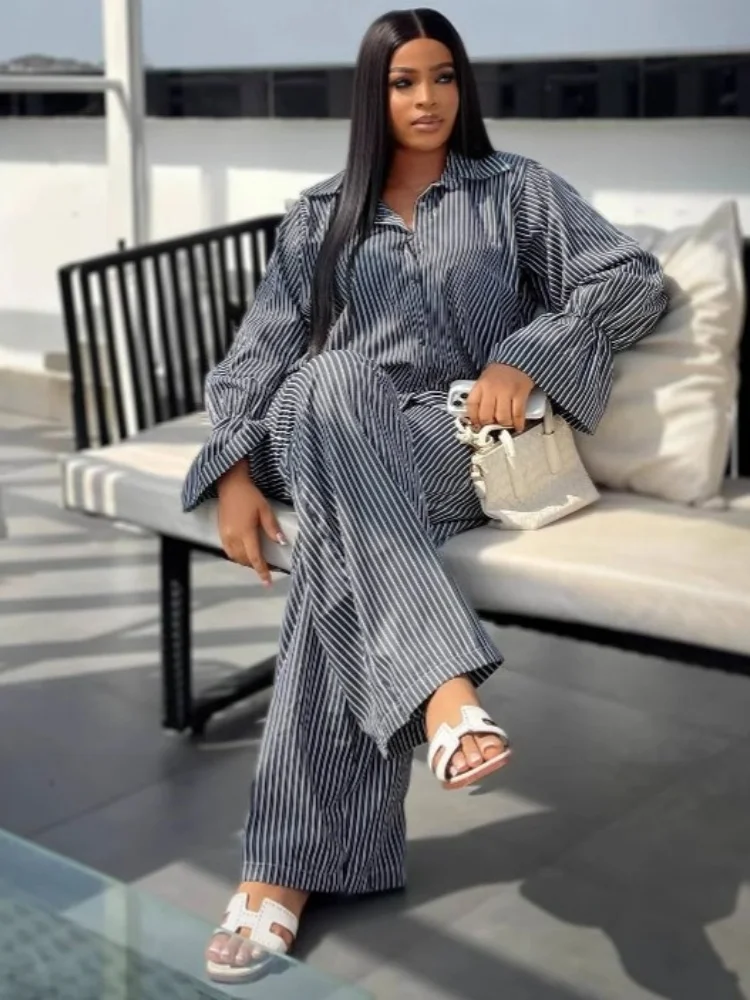 Wmstar Two Piece Set Women Wholesale Fashion Striped Flared Sleeves Long Sleeved Shirts Wide Leg Trousers African Casual Suits