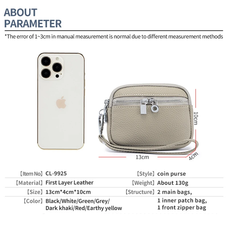 Fashion Genuine Leather Mini Wristlet Wallet Coin Purses Pouch Handbag Clutch with Wrist Strap Women 2 Zippered Change Wallet