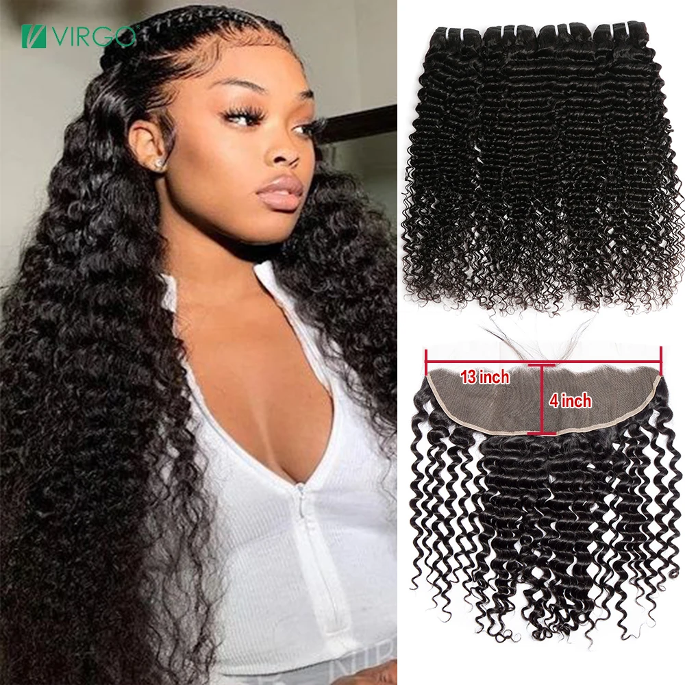 

30 32Inch Deep Wave Bundles With Frontal 13X4 Curly Hd Transparent Lace Closure With Bundles Human Hair Virgin Hair Extensions