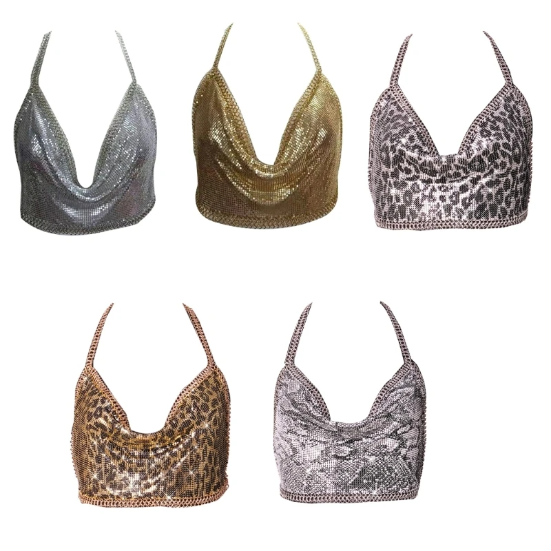 

Women Sexy Metal Sequins Halter Chain Bras Jewelry Camis Crop Top Beach Clubwear