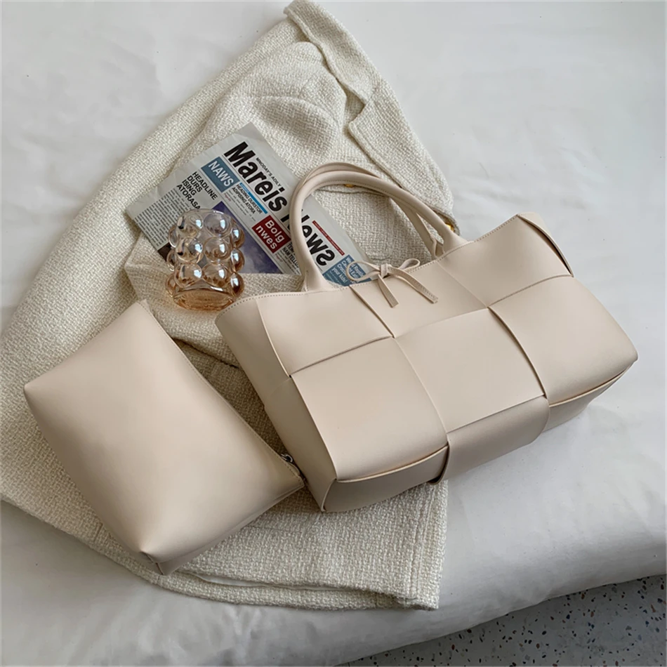 2 Set Weave Large Capacity Women's Tote Bags PU Leather Shoulder Bags for Women 2022 Fashion Lady Top-handle Bag Luxury Handbags 