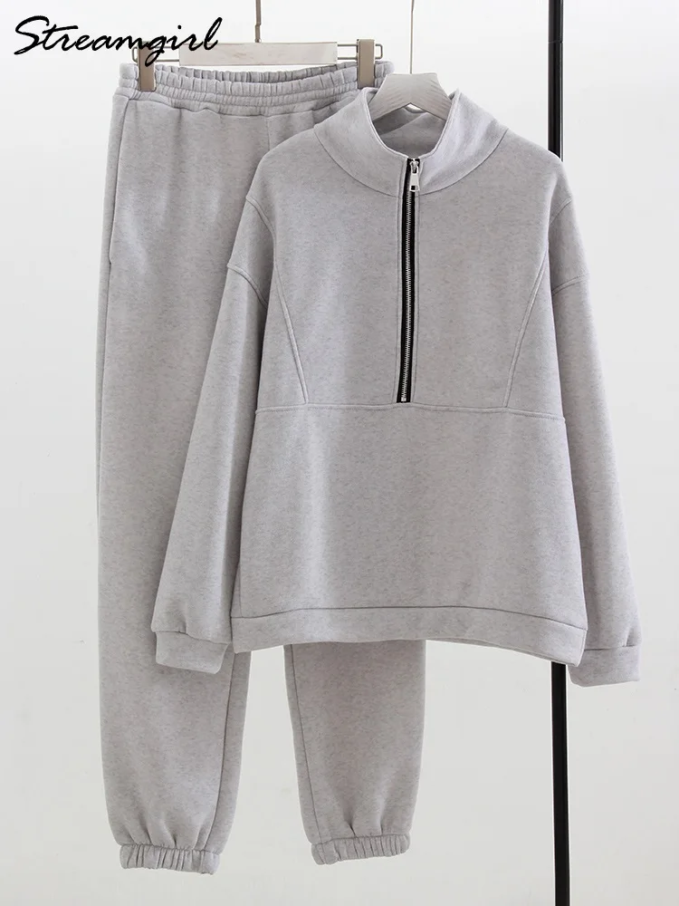 Gray Warm Fleece Suit For Women Winter Thick Velvet Pants Sets Sweatpants  Sweatshirt Ladies Warrn Tracksuit Women Two Piece Set - AliExpress 200000345