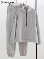Gray Warm Fleece Suit For Women Winter Thick Velvet Pants Sets Sweatpants Sweatshirt Ladies Warrn Tracksuit Women Two Piece Set - Image 3