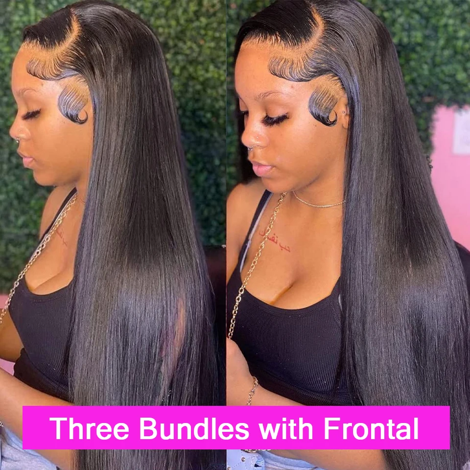 Straight Brazilian Human Hair 3 Bundles With 13x4 Frontal Transparent Lace Hair Bundle Extensions 4x4 Closure For Black Women