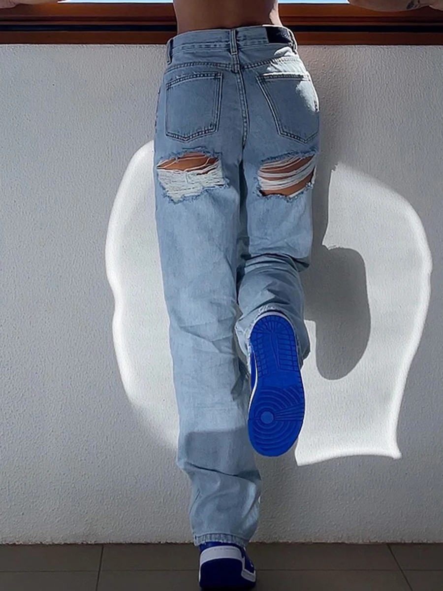 

New Fashion Women Straight Denim Pants Side Pockets Ripped Cutout Long Street Casual Fall Spring Trousers Street Style S-XL