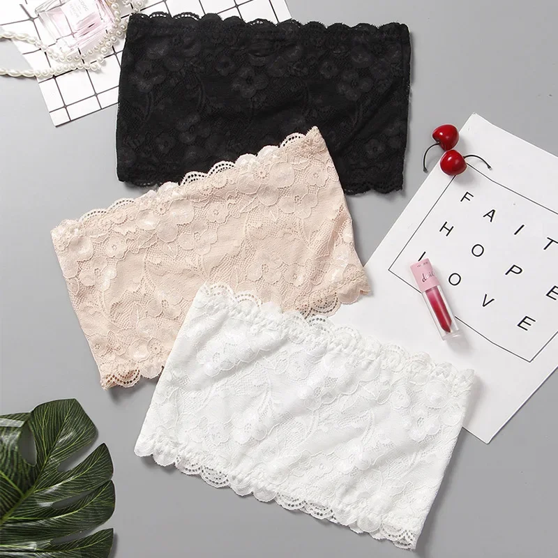 One Piece Sexy Lace Tube Tops Women Push Up Invisible Bra Intimates Strapless Bustier Bandeau Wrapped Chest Thin Bralette Top