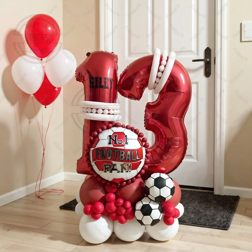 45-teiliges Fußball-Ballon-Set Geburtstagsparty-Dekorationen 32-Zoll Rote Zahlenballons Fußball-Sport-Deko-Zubehör