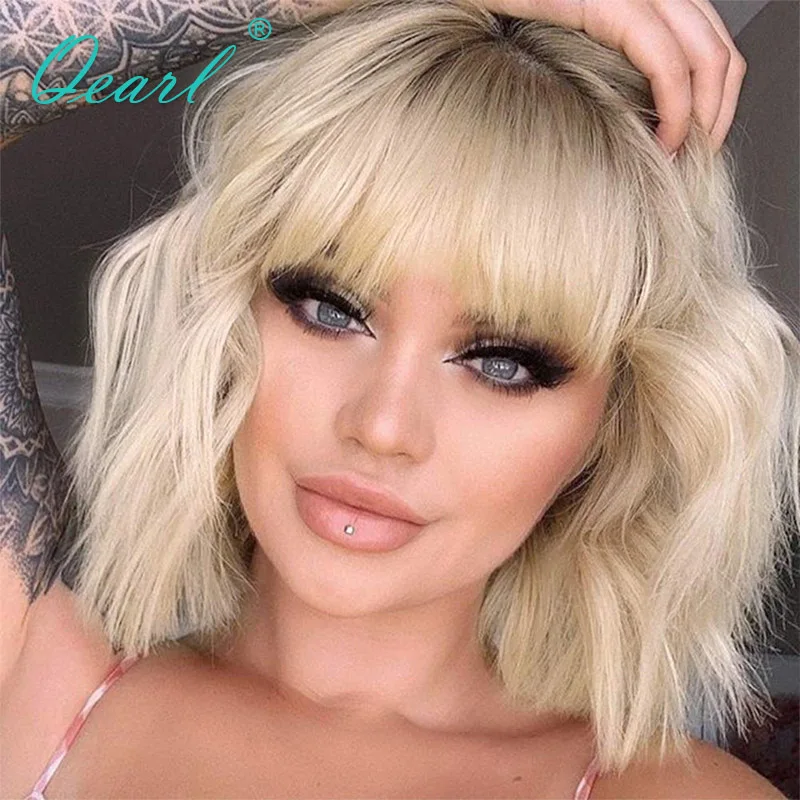 Synthetic Lace Front Wig For Women Ombre Blonde Short Wavy With Bangs Pre Plucked Heat Resistant Glueless