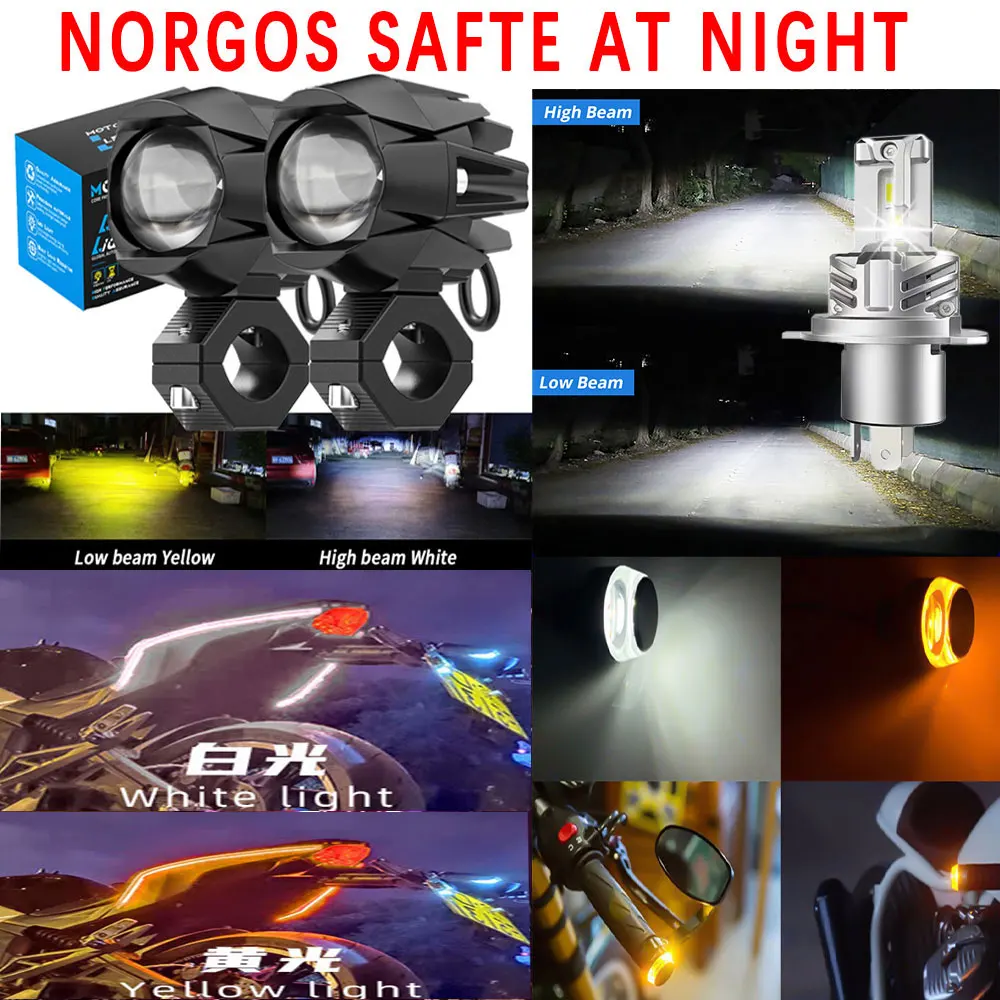 

(NORGOS SAFATE AT NIGHT) Motorcycle Light Set White Yellow Moto Bike Turn Signal Strip H4 Led Blub Fog Light Handle Blinker Sign