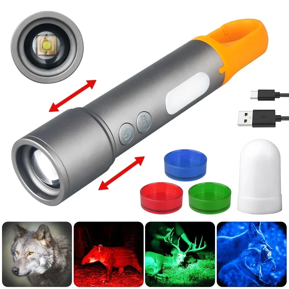White Laser Flashlight USB Charging Portable Multifunctional Camping Light Aluminum Alloy Telescopic Zoom Three Color Torch Tent