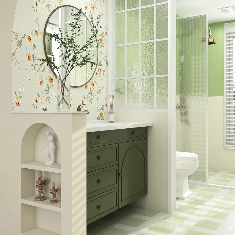 ตู้ห้องน้ำสีเขียวสุดหรูพร้อมชั้นวางของและลิ้นชัก ตู้ห้องน้ำสไตล์วินเทจพร้อมกระจกแต่งหน้า เฟอร์นิเจอร์ห้องนอนแบบจำลอง เฟอร์นิเจอร์ห้องนั่งเล่น 1