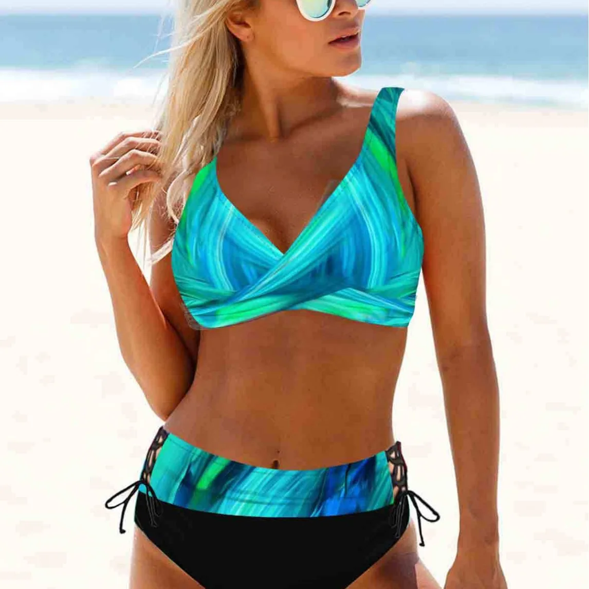 Women's High Waisted Bikini Set Padded Two-Piece Set Abdominal Control Top V-Shaped Cross Women's Beach Swimsuit