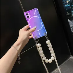 Pearl Chain Crossbody Lanyard Case with Rainbow Gradient Soft TPU Shockproof Cover for Nothing Phone 3A Pro (Purple Blue)