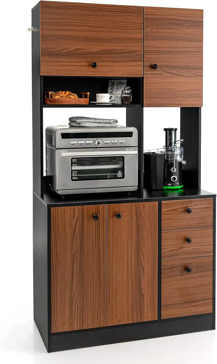 Kitchen Pantry Storage Cabinet Freestanding Buffet Hutch Doors Adjustable Shelves 3 Drawers Microwave LOKO 71&rdquo;