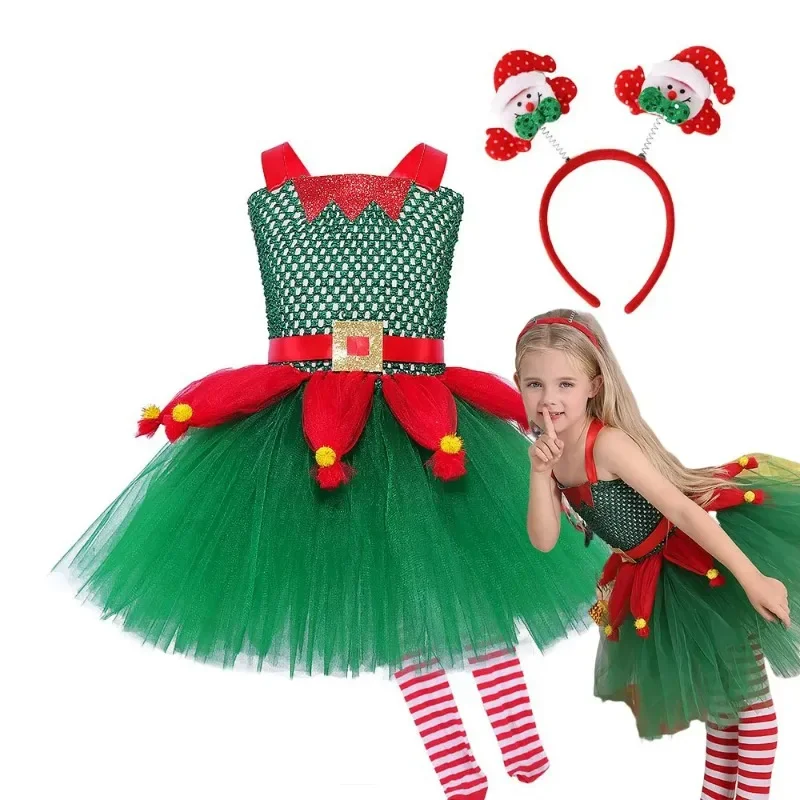 

2023 Christmas Day Costume Girl Fansy Tulle Dress Green Elk Robe Fantasia Children Party Carnival Outfits Kids Cosplay Clothes