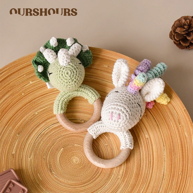 Baby Handmade Crochet Rattle Toys Wood Ring Infant Teether Cute Unicorn Rattles Stuffed Animals Montessori Toy for Newborn Gifts
