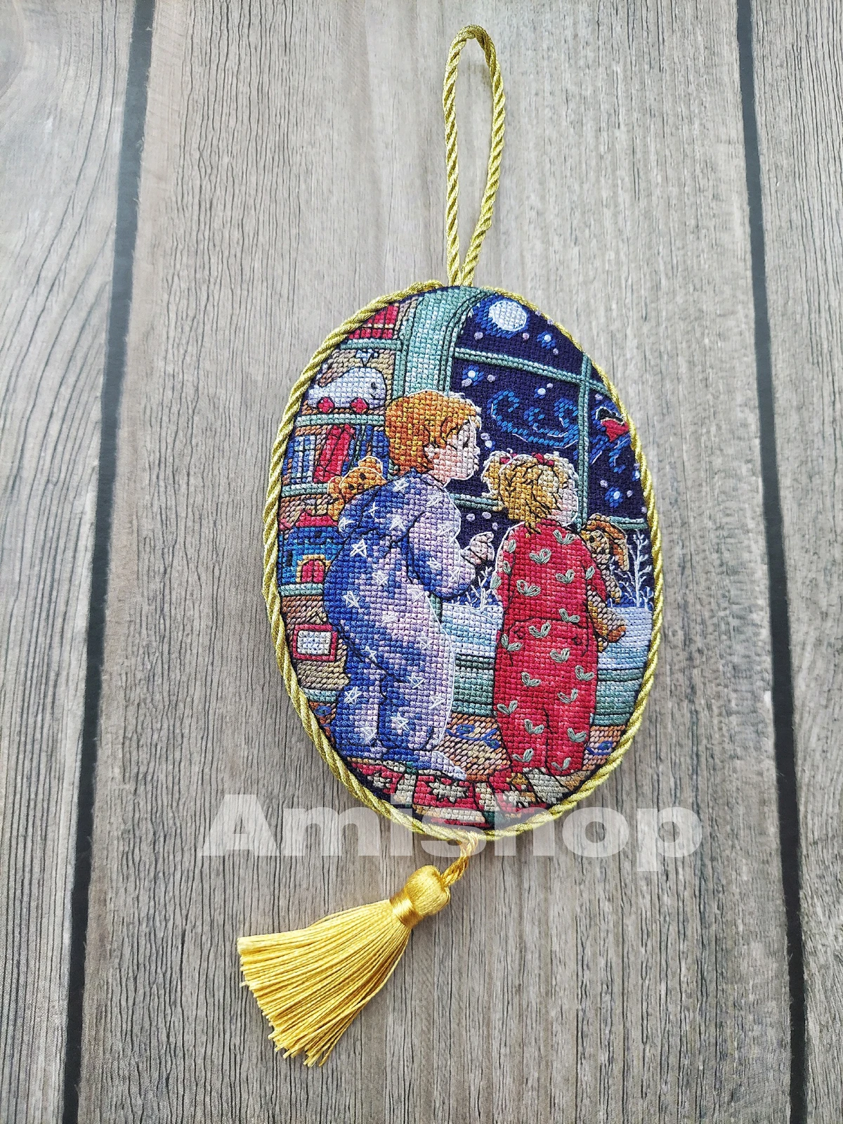 Cross Stitch Kit Amishop Gold Collection Counted Cross Stitch Kit Watching For Santa Ornament Boy And Girl Looking Forward Ornaments Dim 08699