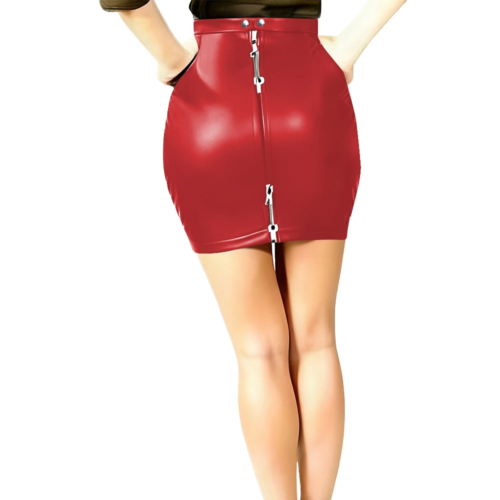 Womens Sexy Tight Miniskirt Lockable Zipper PU Leather Skirts