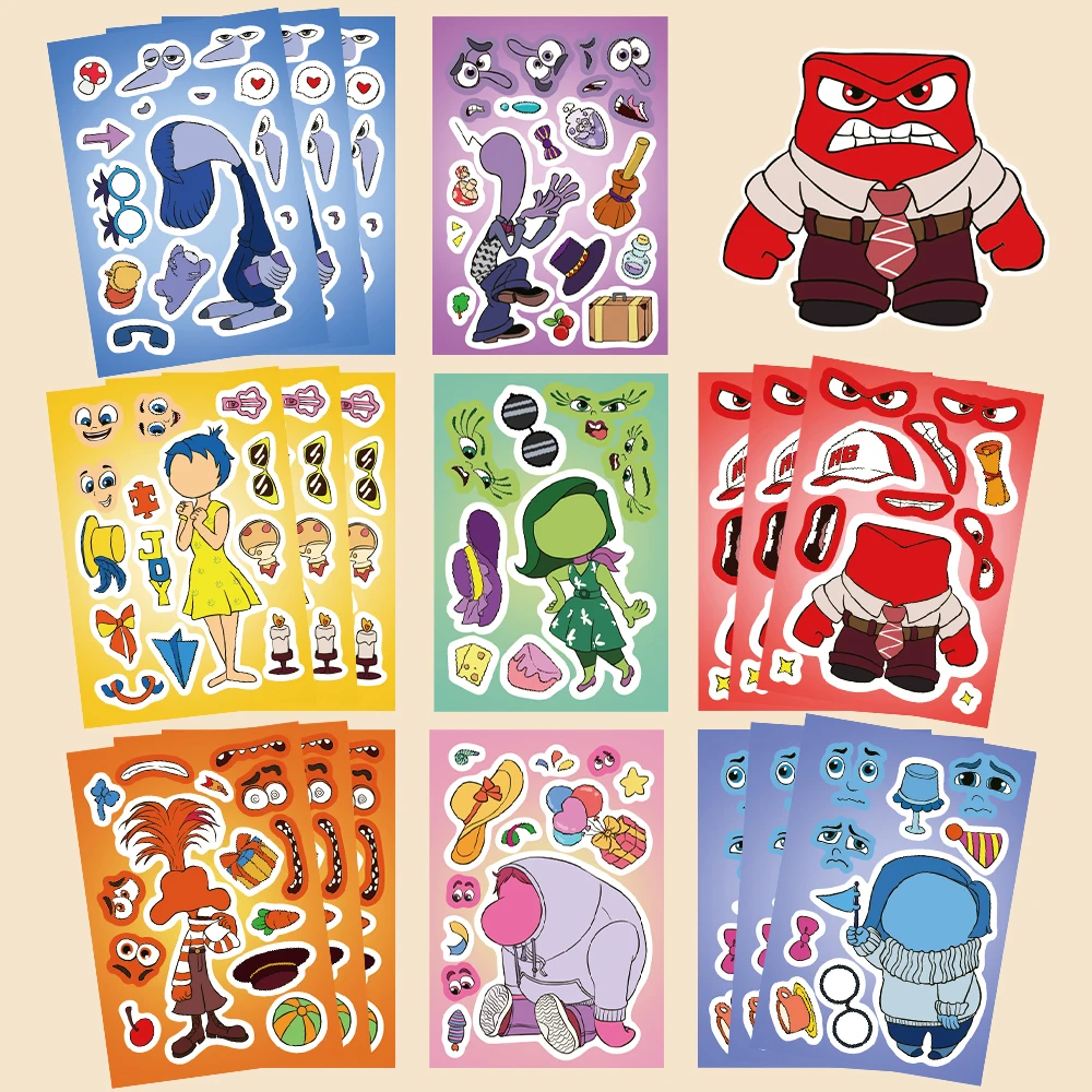 8/16/32pcs Disney Inside Out Puzzle Sticker DIY Phone Laptop Luggage Skateboard Make A Face Assemble Sticker Fun for Kids Gift﻿ 5