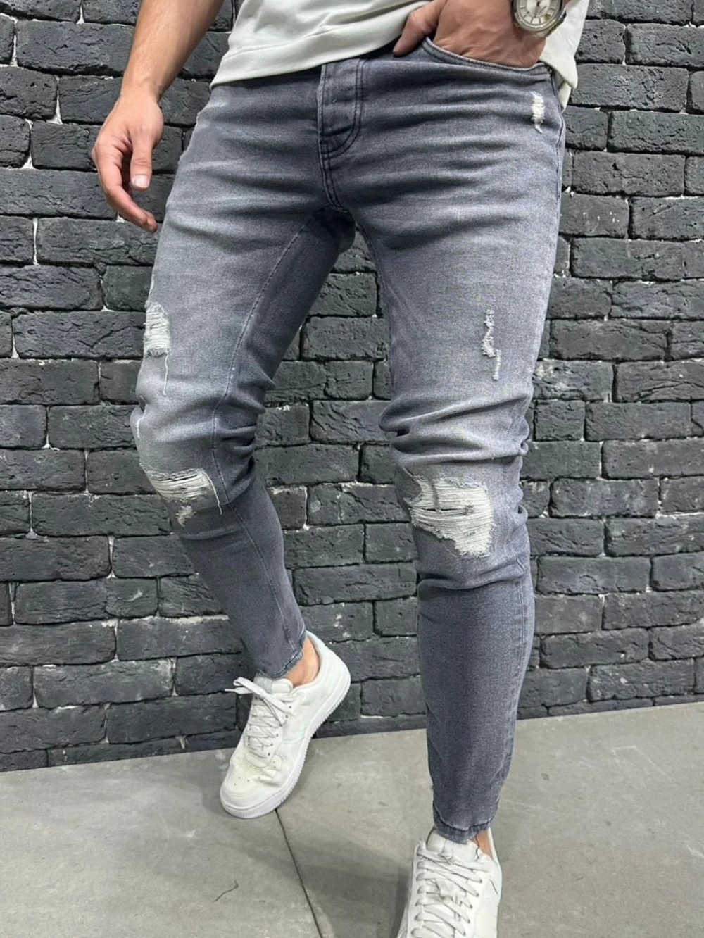 Men High Street Holes Hiphop Stretch Skinny Jeans Trousers Stylish Ripped Distressed Male Jogging Slim Pencil Denim Pants