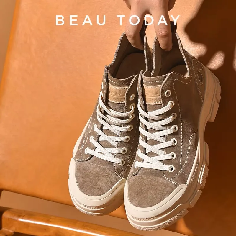 Women Sneakers Suede Leather Round Toe Lace-Free High Top Ladies Retro Fashion Flat Shoes