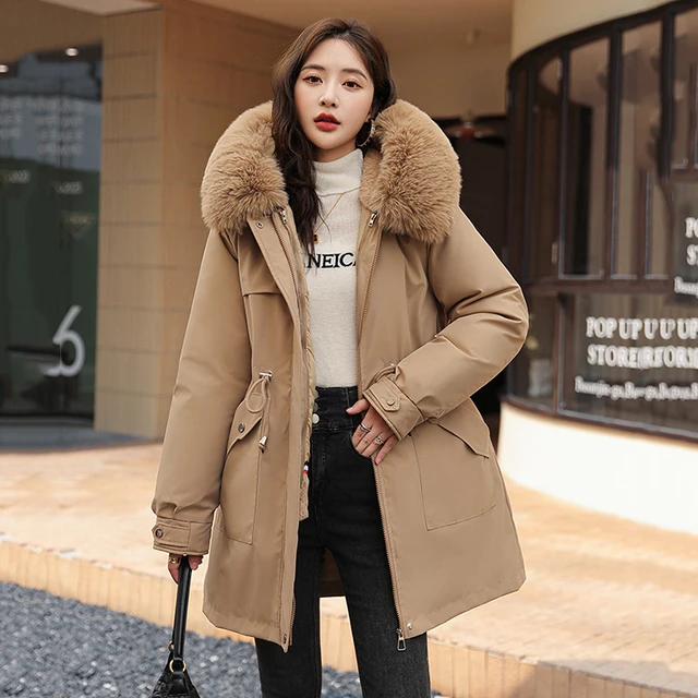 2023 Winter Women Parkas Big Fur Collar Hooded Jackets Drawstring Windbreak  Coat Removable Fur Liner Warm Parkas Female Outwear - AliExpress