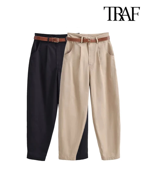 High waist carrot fit pants with belt and pockets