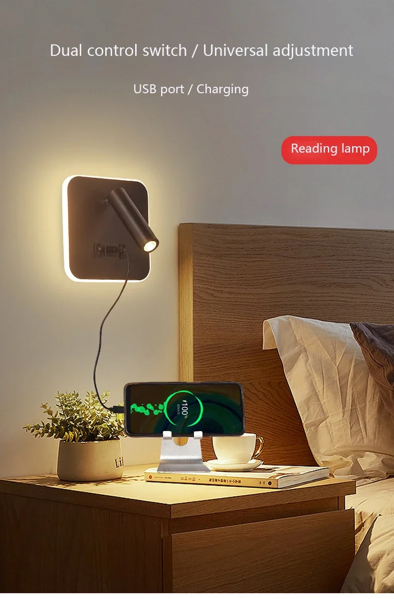 Modern Minimalist Led Wall Lamp USB Charging Indoor Bedroom Lamp Hotel Bedside Reading Lamp Wall Lights Sconce Switch AC 90~240V 2