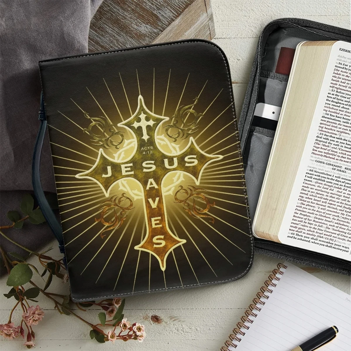 

Christian Cross Print Design Study Book Holy Storage Boxes Zippered Handle Jesus Bible Case with Pockets for Women's Bible Bags