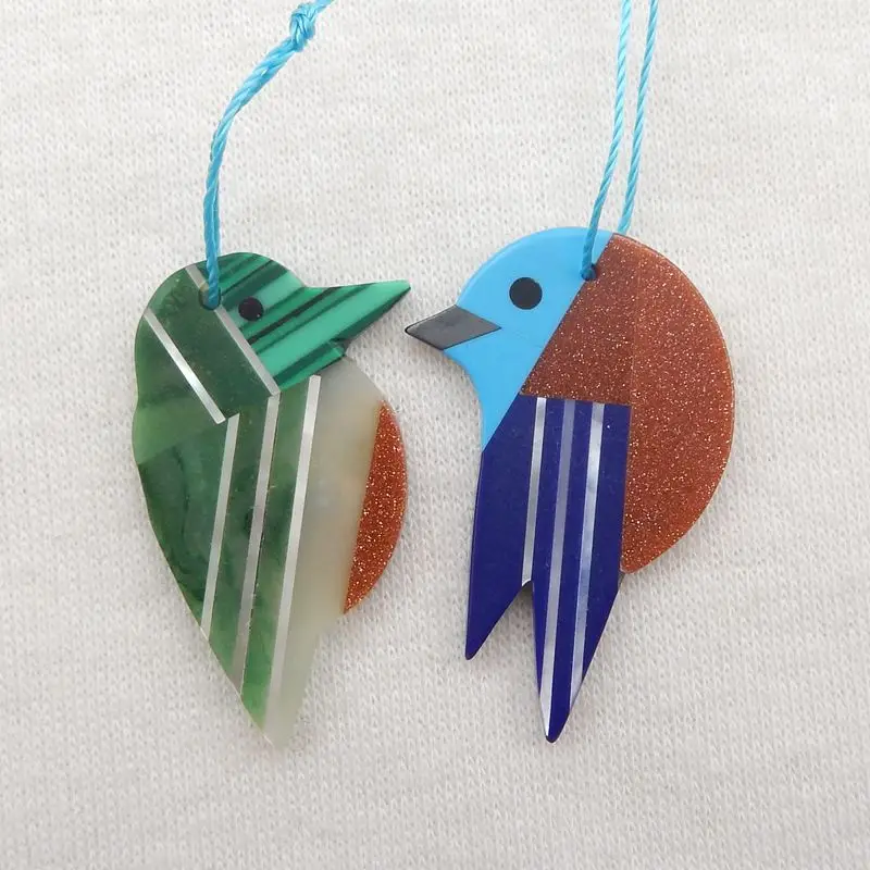 New Design!2Pcs Natural Stone Bird Shape Intarsia Pendant Beads,32x21x2mm 30x17x2mm 3g Fashion Jewelry Necklace Accessories